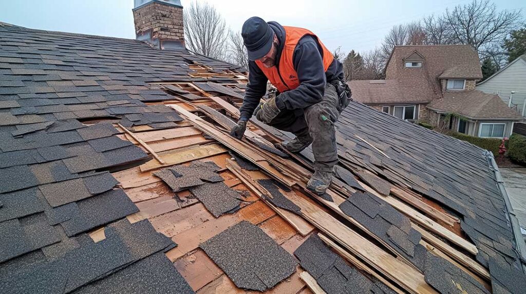 A fallen tree branch rests across shingles beside damaged gutters after a windstorm.