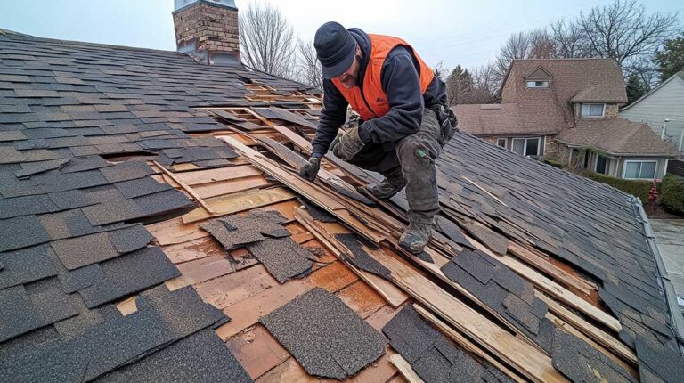 A fallen tree branch rests across shingles beside damaged gutters after a windstorm.